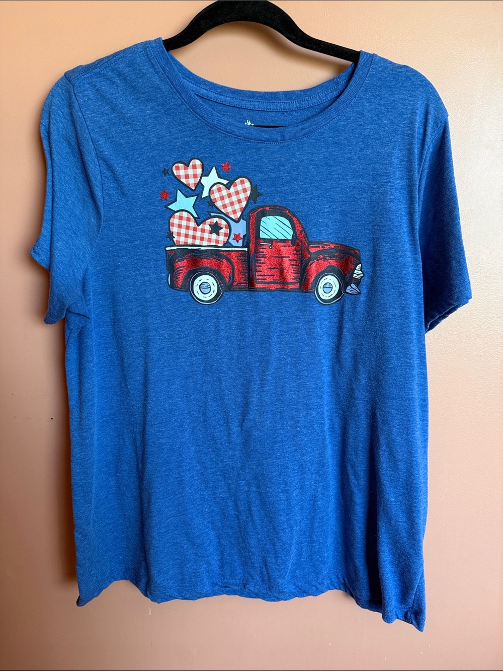 Blue Short-Sleeve Tee with Red Truck Graphic